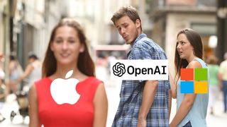 meme showing OpenAI looking at Apple to a jealous Microsoft