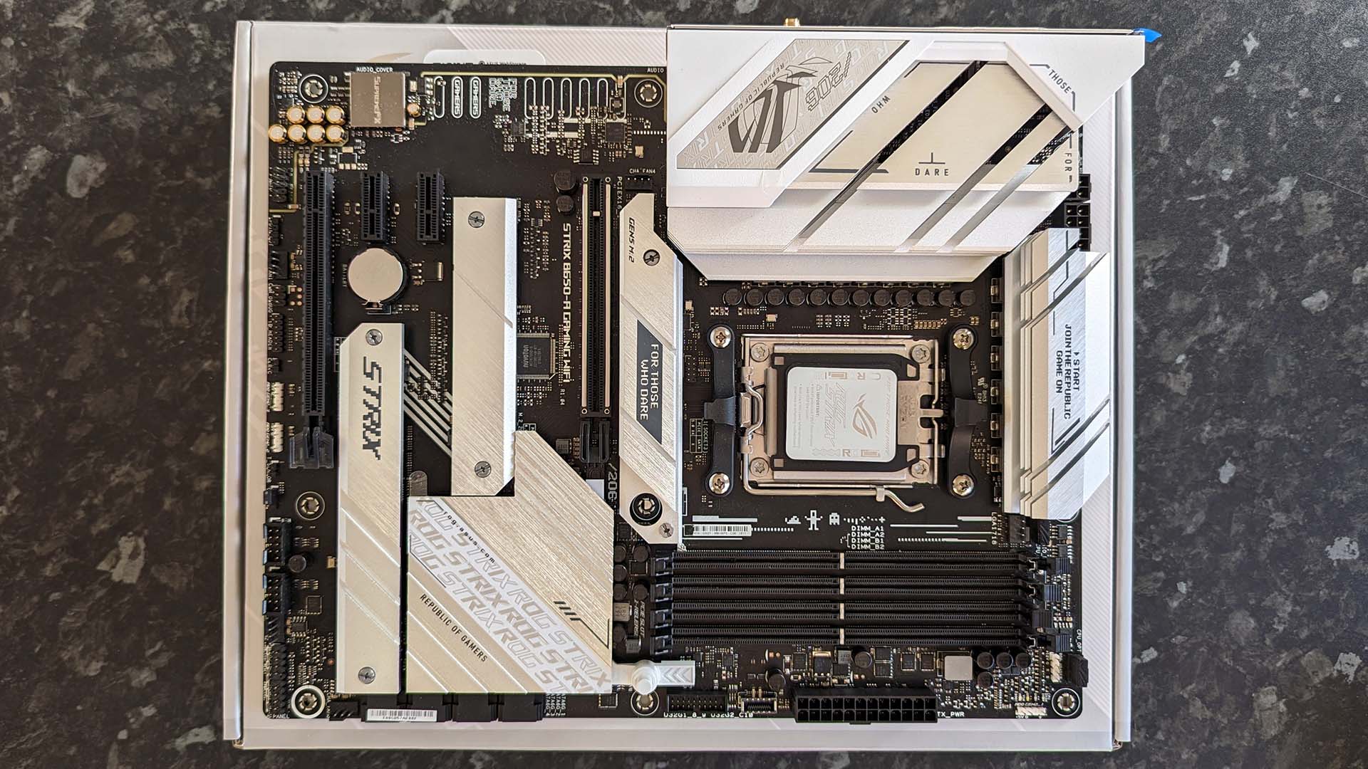 ASUS ROG STRIX B650-A Gaming Wifi motherboard shown from above