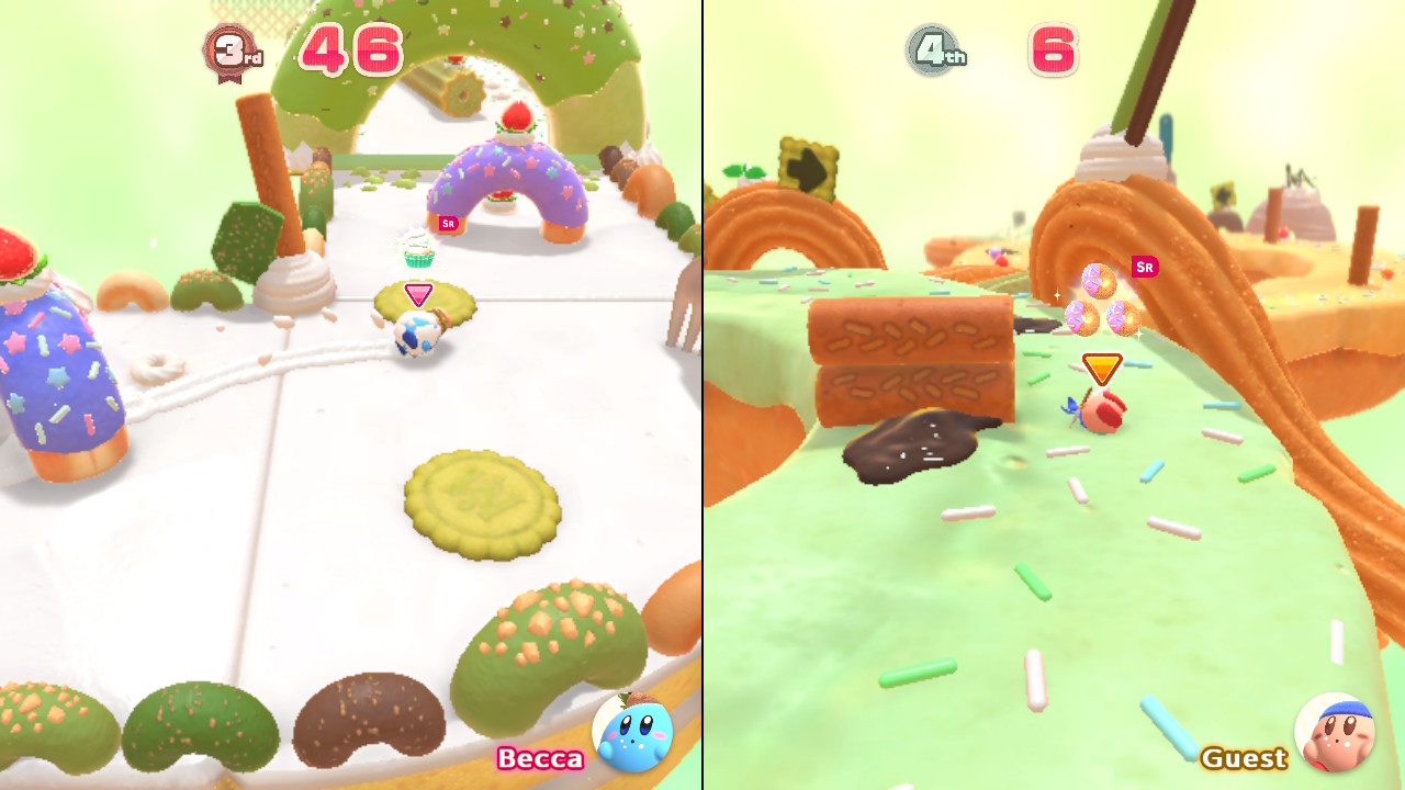 Kirby's Dream Buffet: Multiplayer-Rennen mit geteiltem Bildschirm.