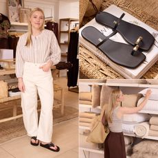 Woman wears striped blouse, white jeans and black sandals