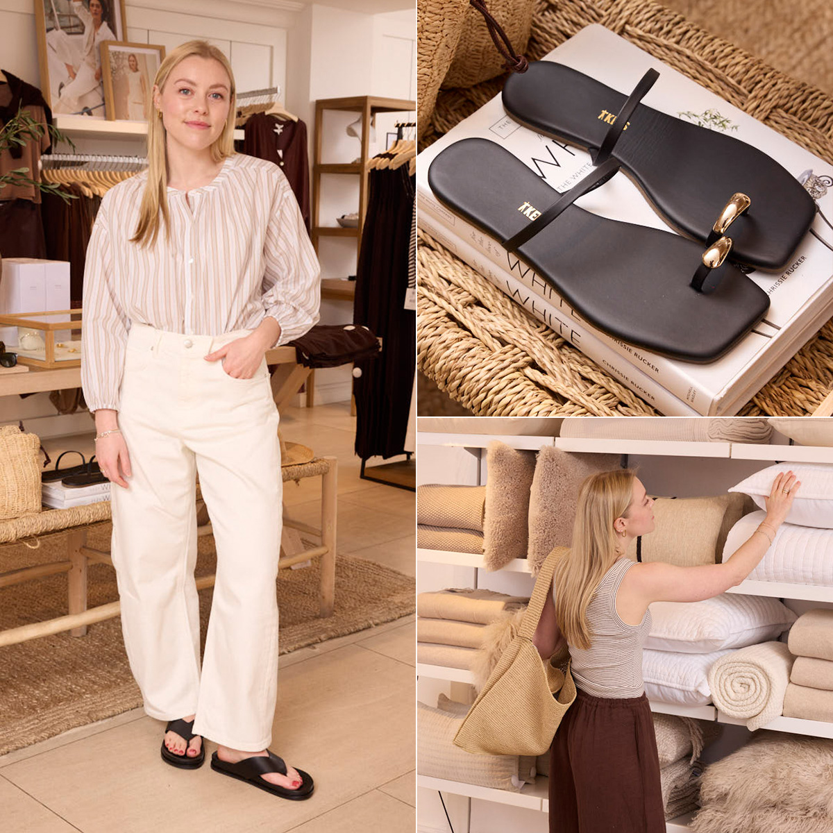 Woman wears striped blouse, white jeans and black sandals