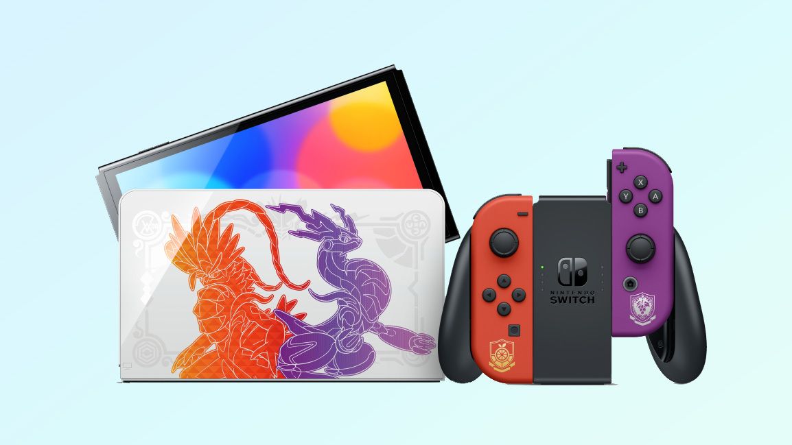 Nintendo Switch OLED Pokemon Scarlet &amp; Violet console on light blue background