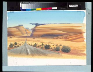 Painting of a road going through a desert scene