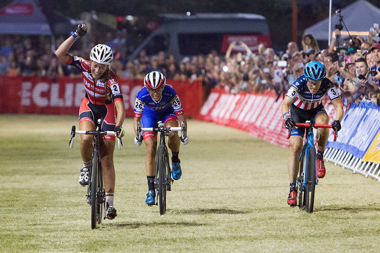 Sophie De Boer out-sprints Katerina Nash and Katie Compton to win CrossVegas.