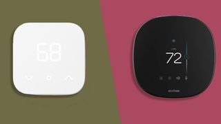 The Amazon Smart Thermostat on a green background on the left, and the EcoBee Smart Thermostat on a pink background on the right
