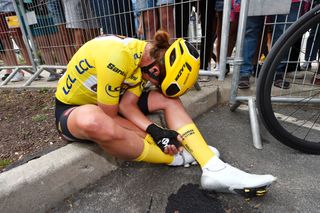 EPERNAY FRANCE JULY 26 Marianne Vos of Netherlands and Jumbo Visma Women Team yellow leader jersey reacts on arrival during the 1st Tour de France Femmes 2022 Stage 3 a 1336km stage from Reims to pernay TDFF UCIWWT on July 26 2022 in Epernay France Photo by Dario BelingheriGetty Images