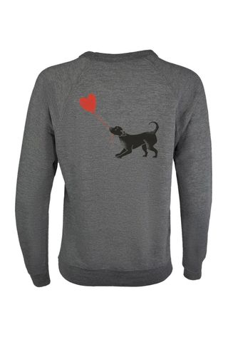 gray shirt with an image of a black dog holding a red, heart-shaped balloon