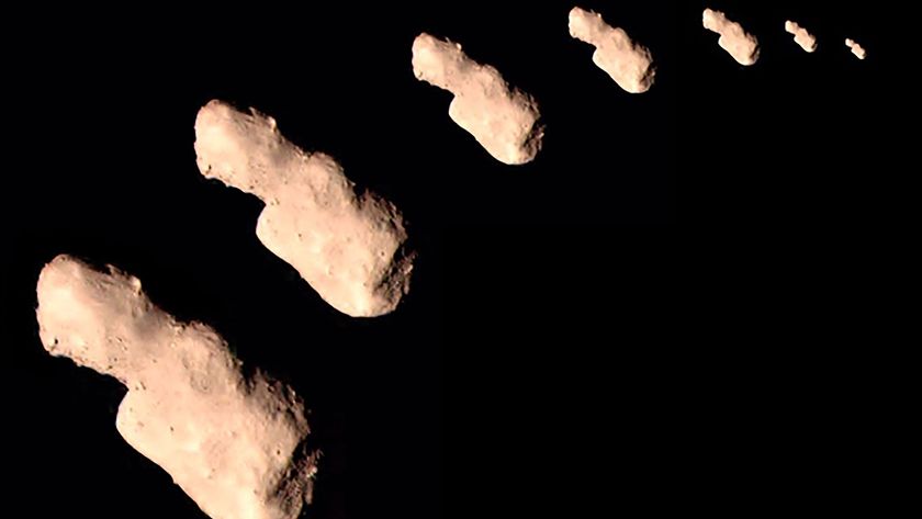 mosaic of photographs of a tan, rocky asteroid during a flyby by a spacecraft