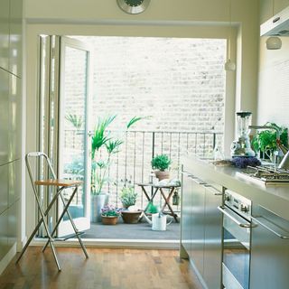 kitchen balcony garden with potted plants and wooden flooring
