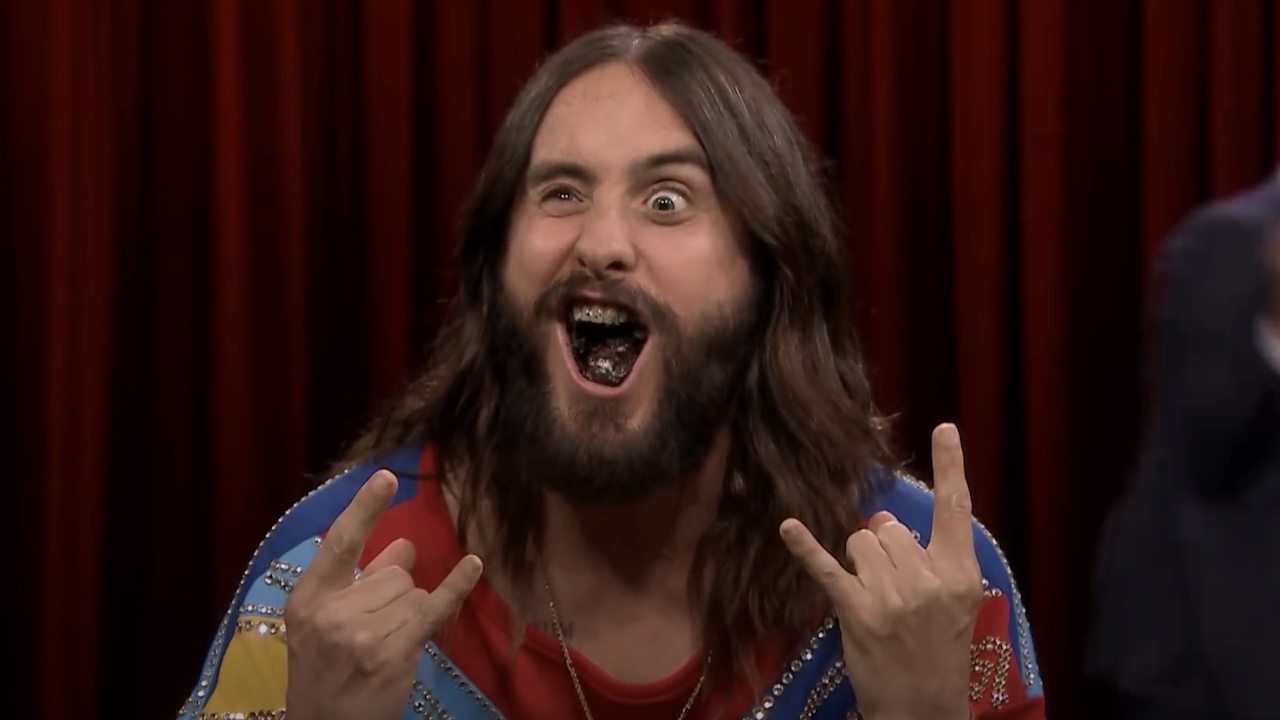 Jared Leto celebrating after winning 30-second Oreo challenge on The Tonight Show Starring Jimmy Fallon