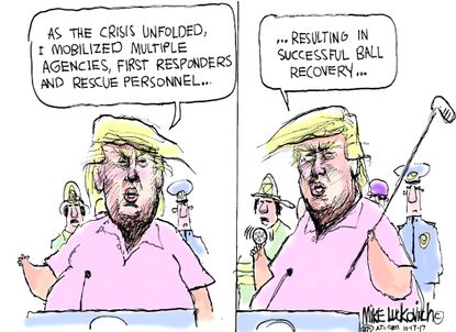 Political cartoon U.S. Trump Puerto Rico response golf