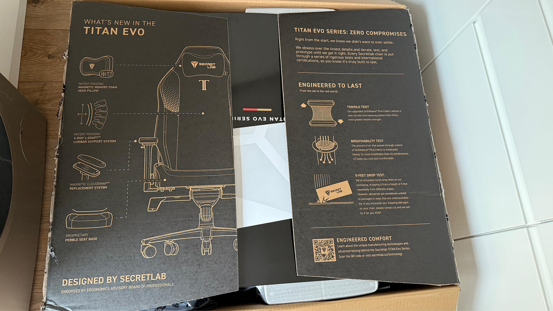Several photos of parts of the Titan Evo chair.