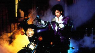 Prince on a motorbike, as pictured on the cover of Purple Rain