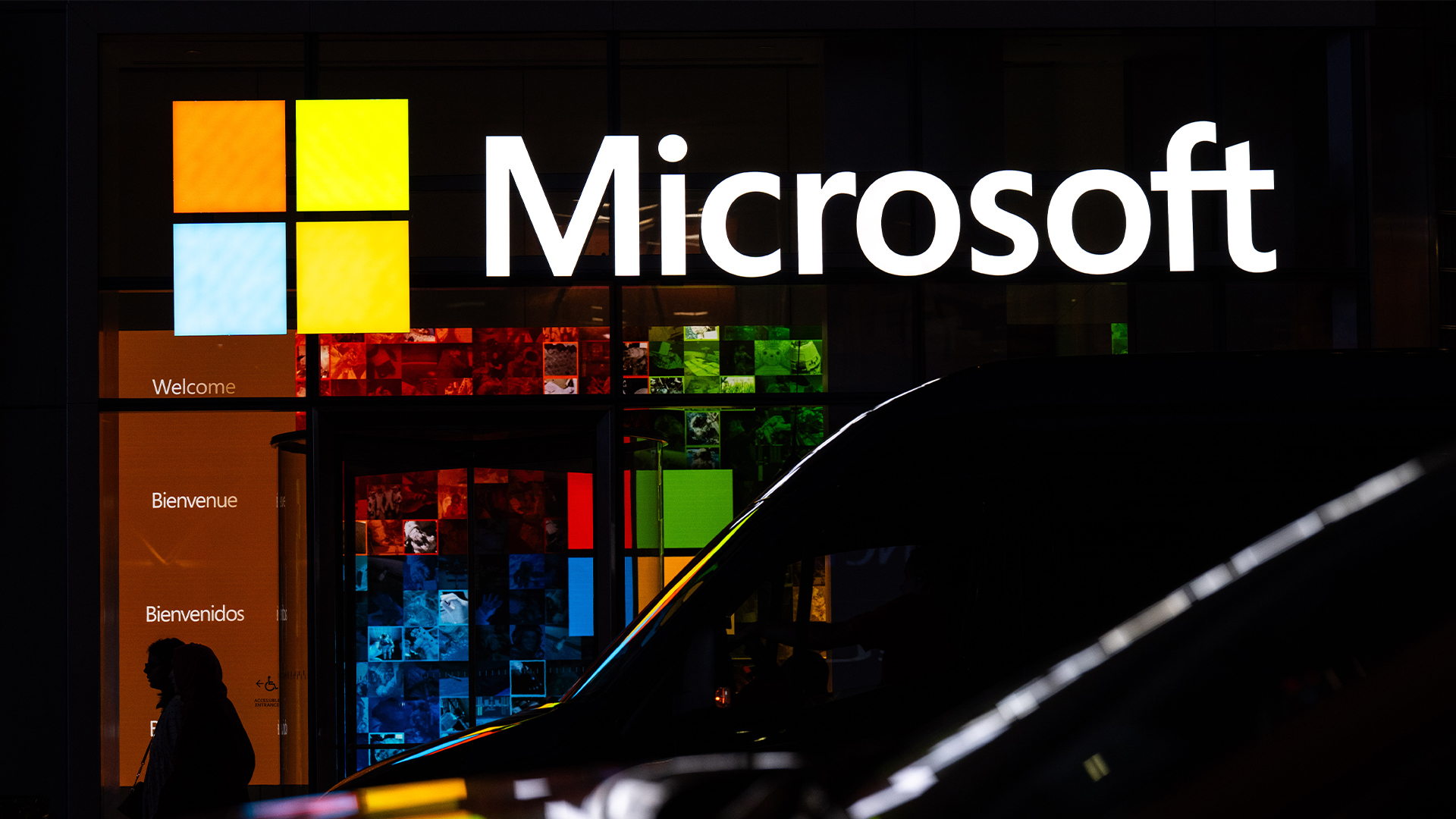 Microsoft logo pictured above the entrance to the company's office in New York City, USA.