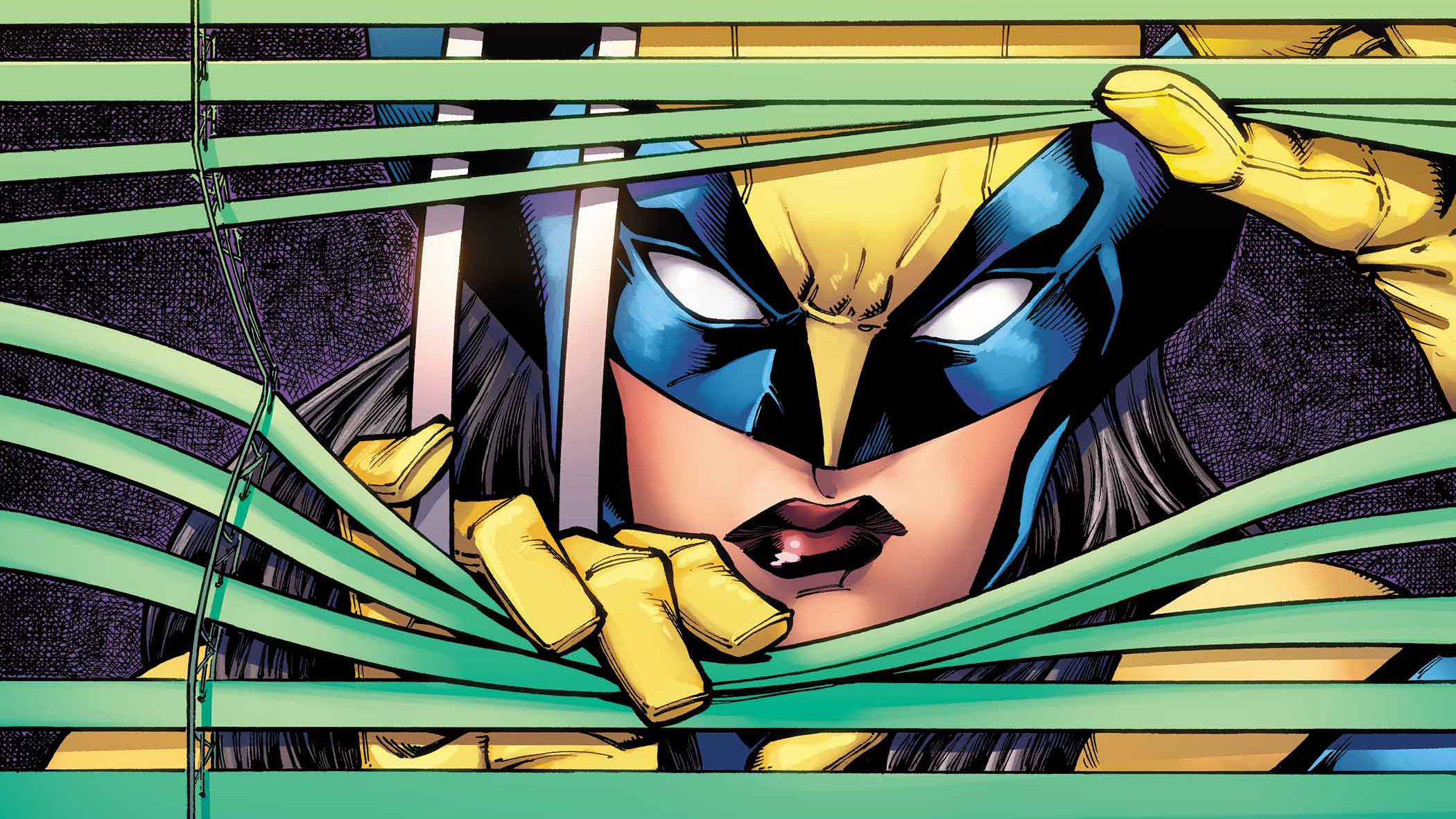 Wolverine peers through some shutters at the reader.