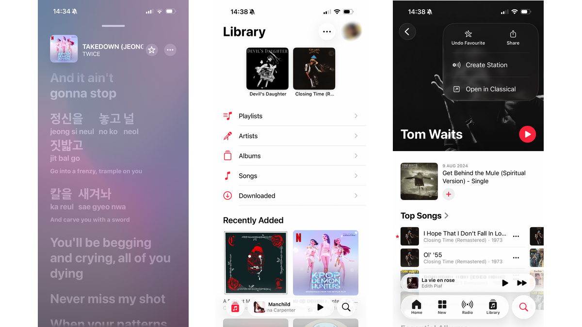 Three screenshots showing Apple Music interfaces in app