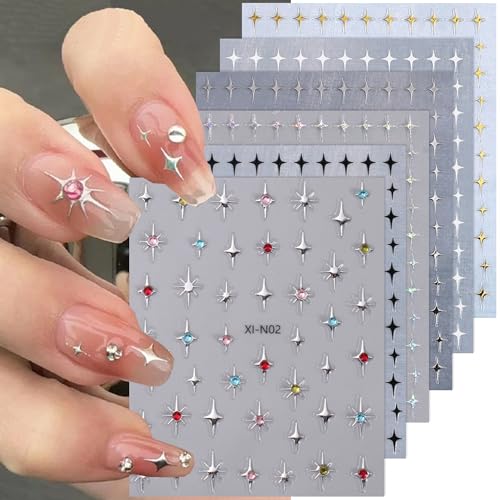 6 Sheets Star Nail Stickers for Nail Art, 3d Glitter Shiny Gold Silver White Black Stars Nail Art Design Decals Self-Adhesive Star Stickers Diy Nail Decals Nail Tips for Manicure Decoration Supplies