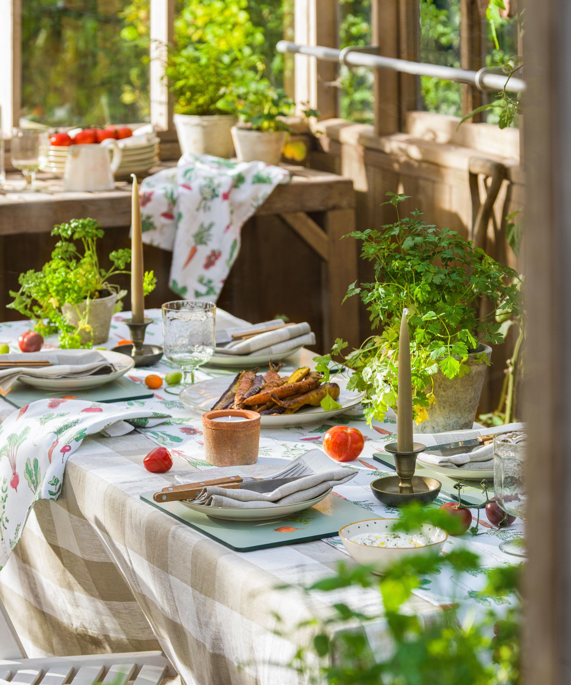 Table with a garden theme in a rustic greenhouse with pots of herbs and tomatoes