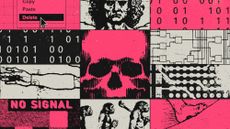 Collage illustration of Da Vinci's Vitruvian Man, the March of Progress, computer circuits, binary code and human skull