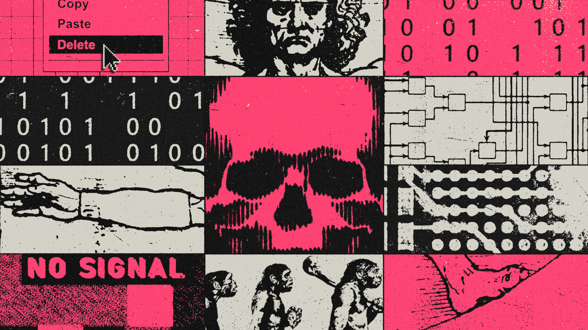 Collage illustration of Da Vinci's Vitruvian Man, the March of Progress, computer circuits, binary code and human skull