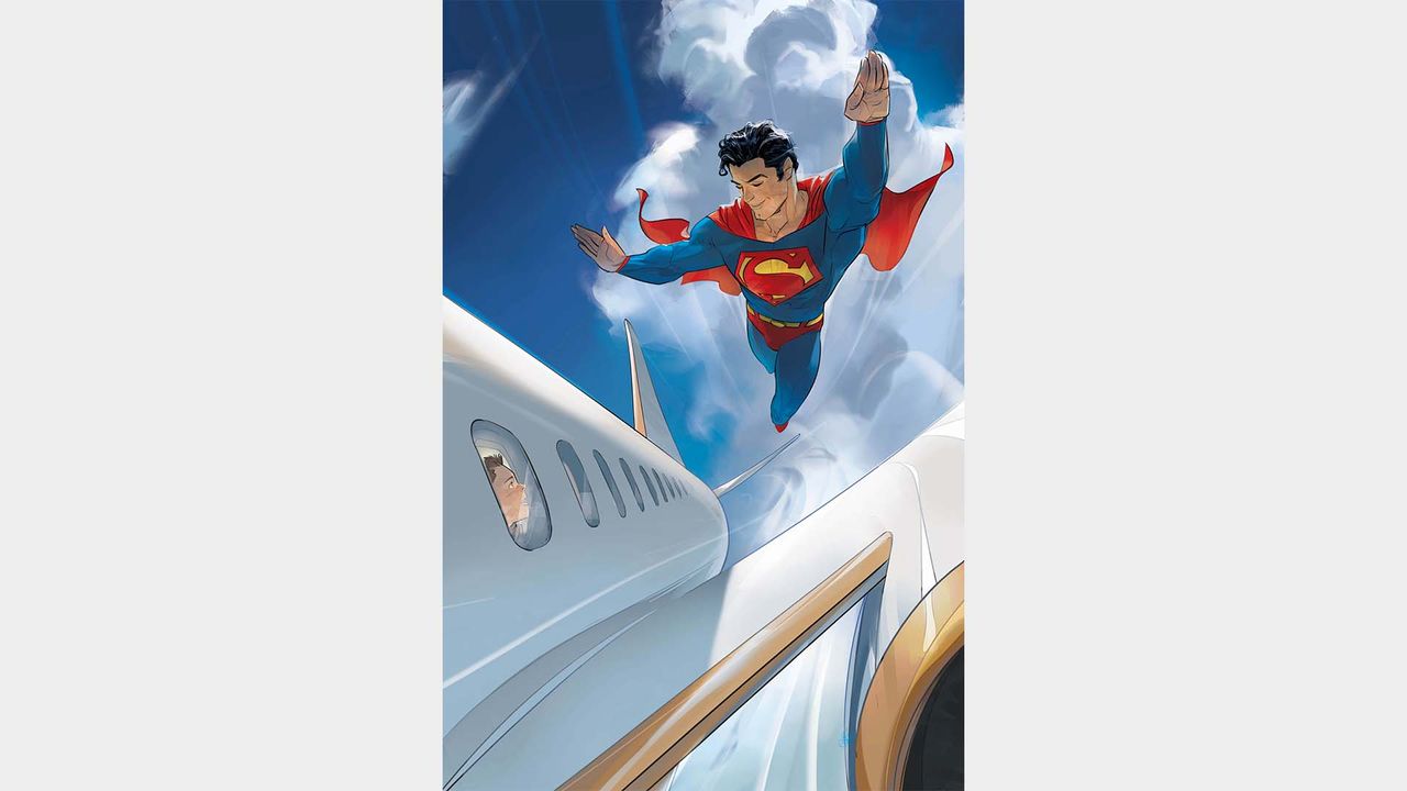 Superman flies past a plane.