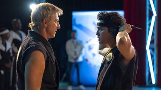 William Zabka as Johnny Lawrence, Xolo Maridueña as Miguel Diaz in episode 614 of Cobra Kai