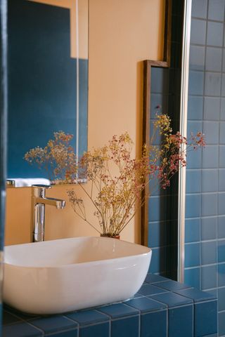a-nrd designed bathroom in london hotel, birch selsdon. orange walls and blue tiling with floral decorations
