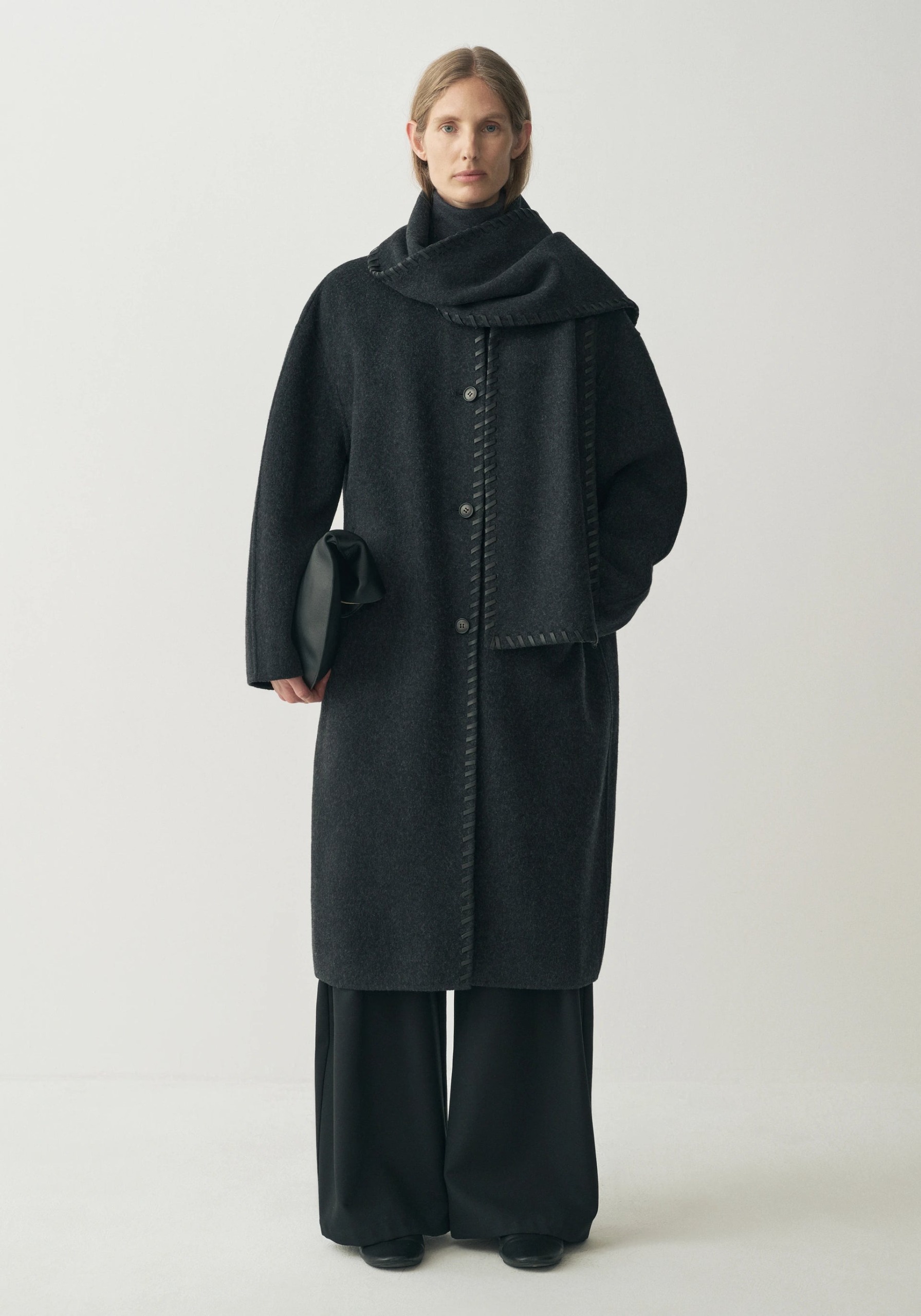 Long Wool Scarf Wrap Coat - Dark Gray / 4