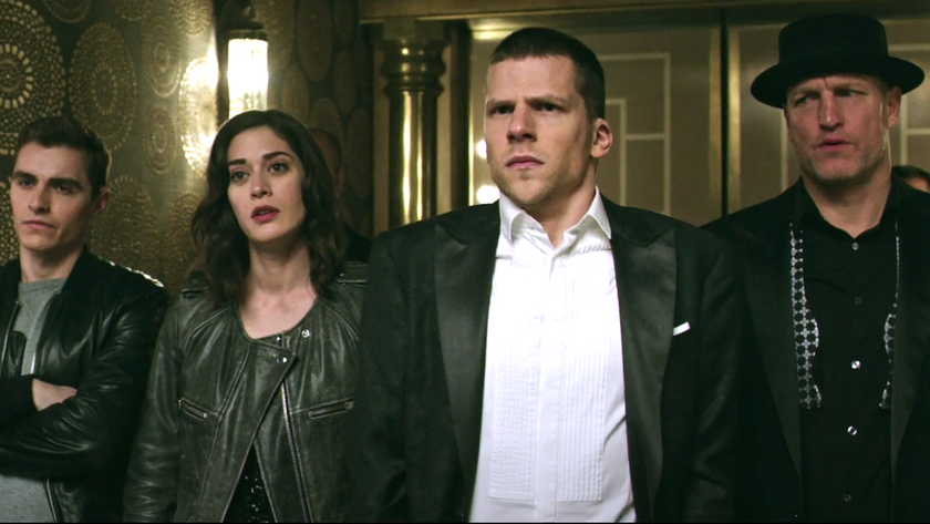Dave Franco, Lizzy Caplan, Jesse Eisenberg, Woody Harrelson all lined up in Now You See Me 2