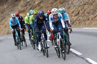 Groupama-FDJ New Zealand Cyclist Laurence Pithie (2nd R) and Team DSM-Firmenich PostNL's Dutch cyclist Gijs Leemreize (C) ride in breakaway during the 6th stage of the Paris-Nice cycling race, 198,5 km between Sisteron and La Colle-sur-Loup, on March 8, 2024. (Photo by Thomas SAMSON / AFP)