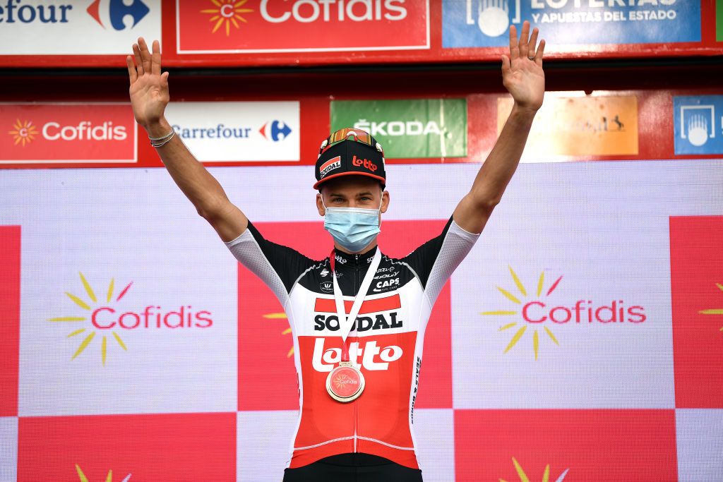 SABIANIGO SPAIN OCTOBER 24 Podium Tim Wellens of Belgium and Team Lotto Soudal Celebration Mask Covid safety measures Trophy during the 75th Tour of Spain 2020 Stage 5 a 1844km Huesca to Sabinigo 835m lavuelta LaVuelta20 La Vuelta on October 24 2020 in Sabinigo Spain Photo by David RamosGetty Images