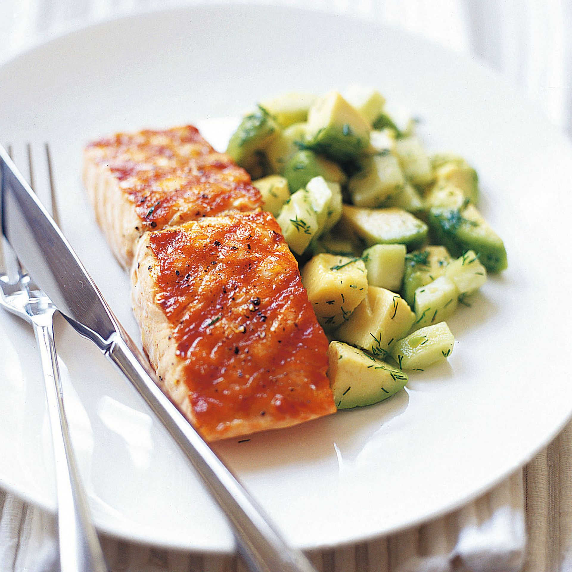 CharGrilled Salmon with Avocado, Cucumber and Dill Salad Dinner