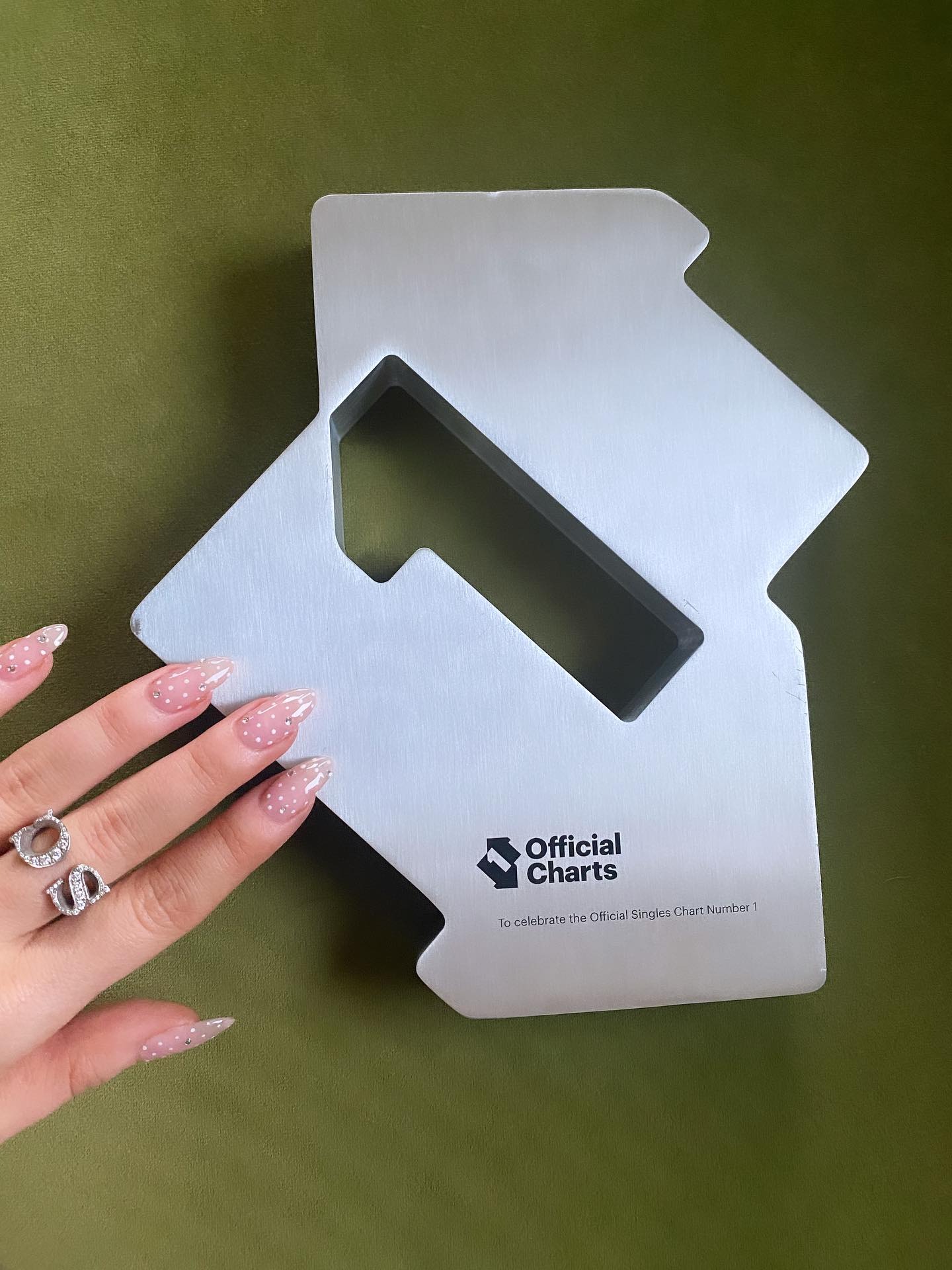 An up close look at Sabrina Carpenter's polka dot nails.