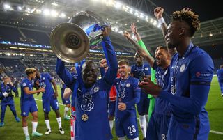 N'Golo Kante lifts the Champions League trophy