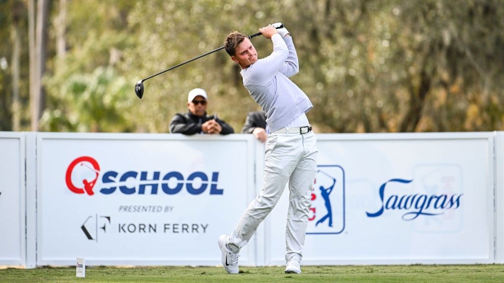 William Mouw plays his shot from the 10th tee during the first round of the PGA TOUR Q-School presented by Korn Ferry tournament on the Dye&#039;s Valley Golf Course at TPC Sawgrass on December 14, 2023 in Ponte Vedra Beach, Florida. 