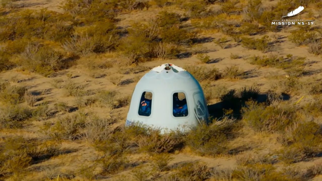 Blue Origin's New Shepard rocket and crew capsule launch the NS-19 space tourism flight with Good Morning America co-anchor Michael Strahan, Laura Shepard Churchley, Dylan Taylor, Evan Dick and Lane and Cameron Bess on board on Dec. 11, 2021 near Van Horn, Texas.