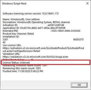 Windows 10 license status message