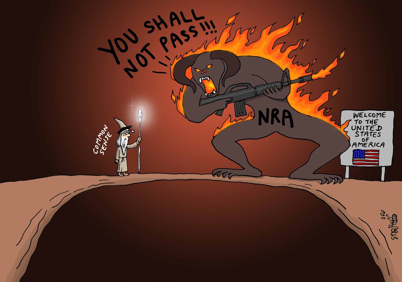 Political cartoon U.S. Congress NRA donations gun control Lord of the Rings