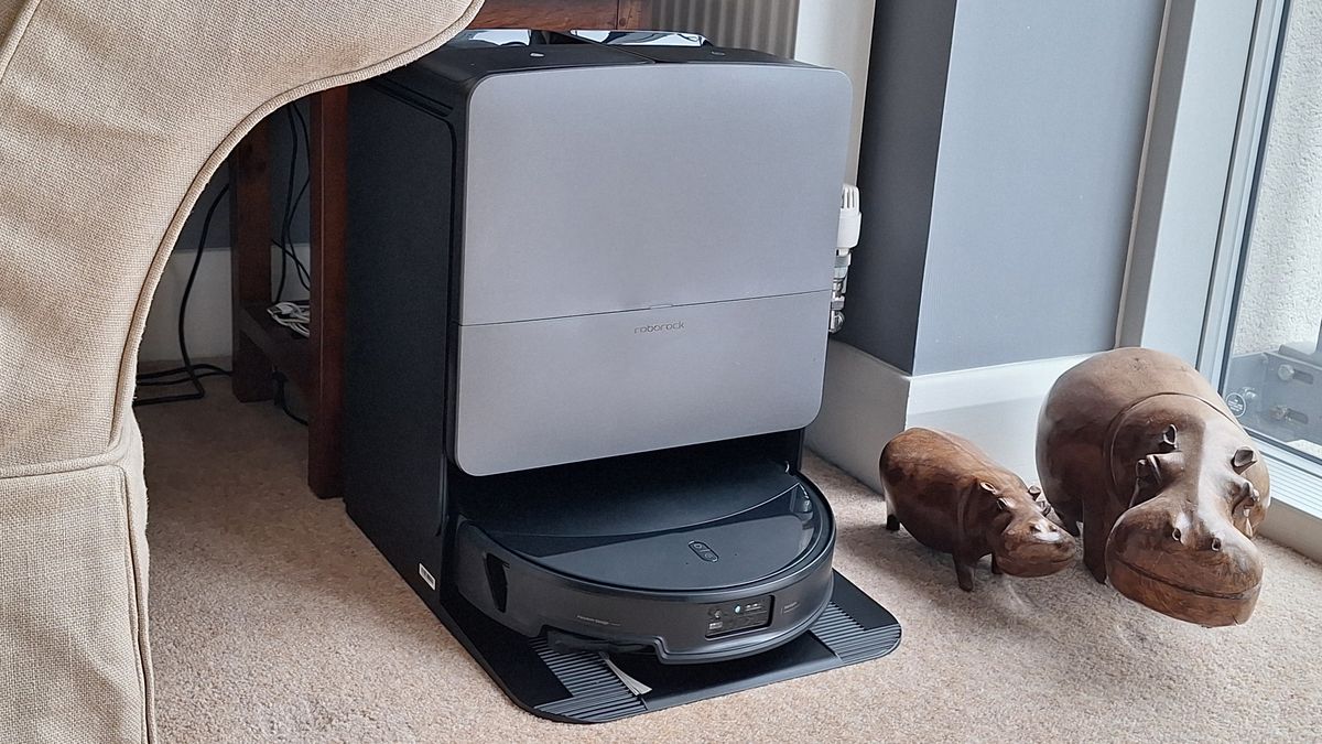 Roborock Saros 20 robot vacuum in its dock