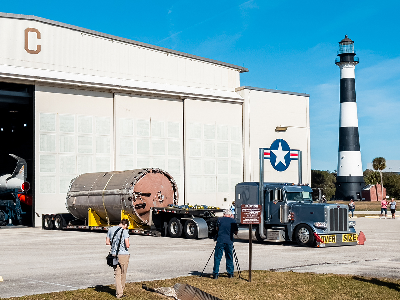 A segment of the Titan II first stage that launched NASA's Gemini 5 mission arrives at Hangar C to go on display as part of the Cape Canaveral Space Force Museum's collection in Florida on Thursday, Jan. 19, 2023.