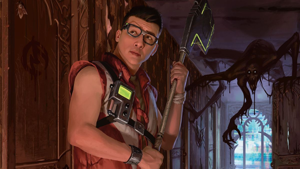 &#039;Reluctant Role Model&#039; card art showing a young man with dark hair and glasses holding a weapon, he looks off the the left. In the distance, to his right, a shadowy figure hangs from the ceiling, its eyes glow green and it has pointed teeth.