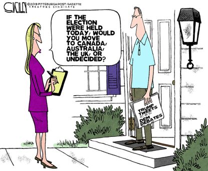 Political Cartoon U.S. Election Pollster Undecided Voter Voluntary Emigration