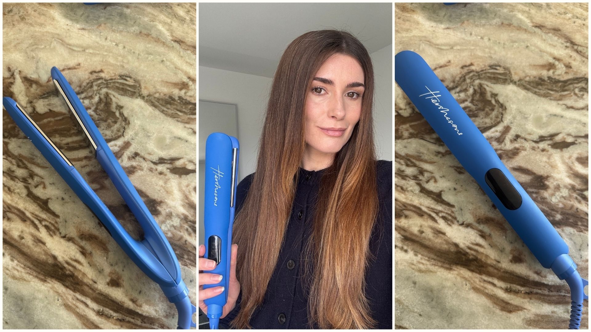 A collage featuring the Hershesons The Great Iron and a photo of Eleanor Vousden after using them on her hair