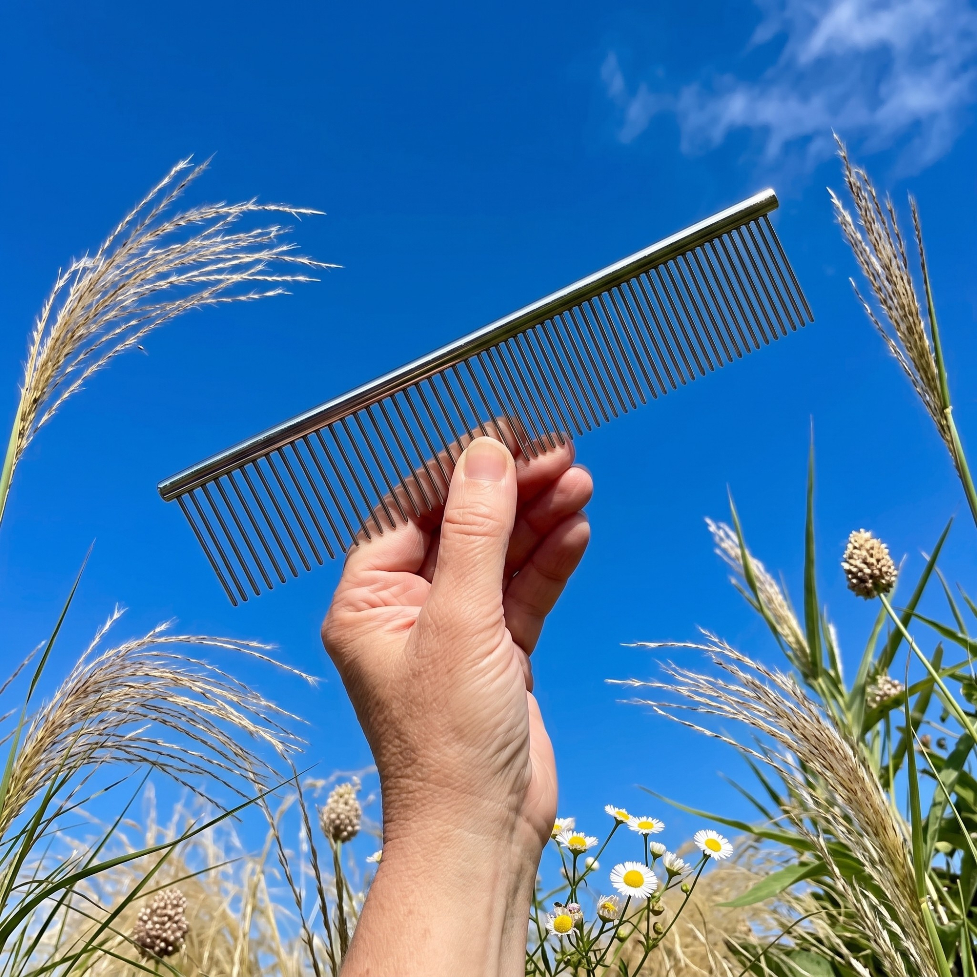 Metal comb used in August to care for ornamental grasses and reduce weeding