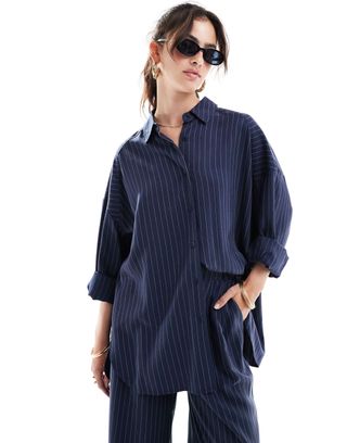 Asos Design Oversized Shirt With Cutabout Panels in Navy Stripe