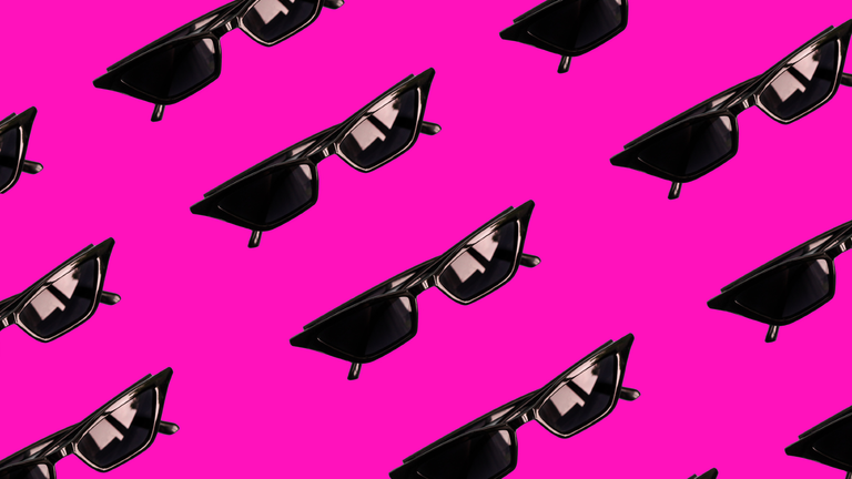 Vibrant pattern of black retro style sunglasses over pink background.