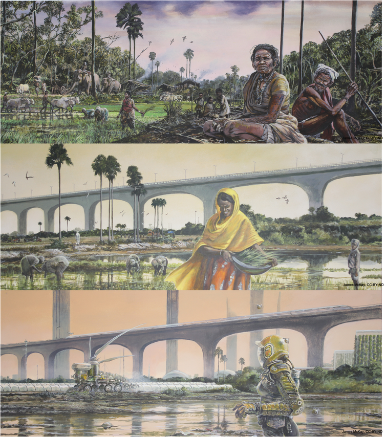 The top image is a busy agrarian village scene of rice planting, livestock use and social life. The second is a present-day scene showing the mix of traditional rice farming and modern infrastructure present in many areas of the Global South. The bottom image shows a future of heat-adaptive technologies including robotic agriculture and green buildings with minimal human presence due to the need for personal protective equipment.