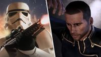 Left: Battlefront cover art of stormtrooper. Right: Commander Shepard looking sad.