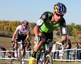 Tim Johnson (Canondale-Cyclocrossworld.com) leading Powers on lap three