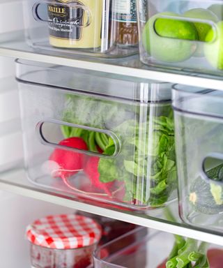 fridge with plastic transparent containers with fresh food inside